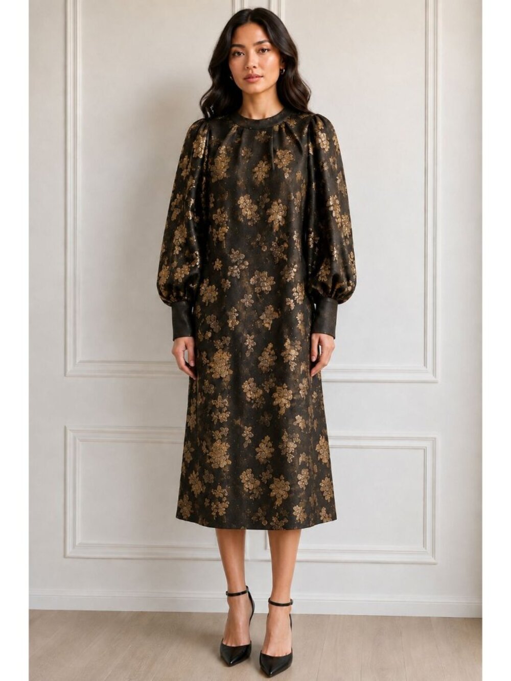 NWT $3403 Ivan Montesi Balloon Sleeve Embroidered Floral Midi Dress Deep Brown S